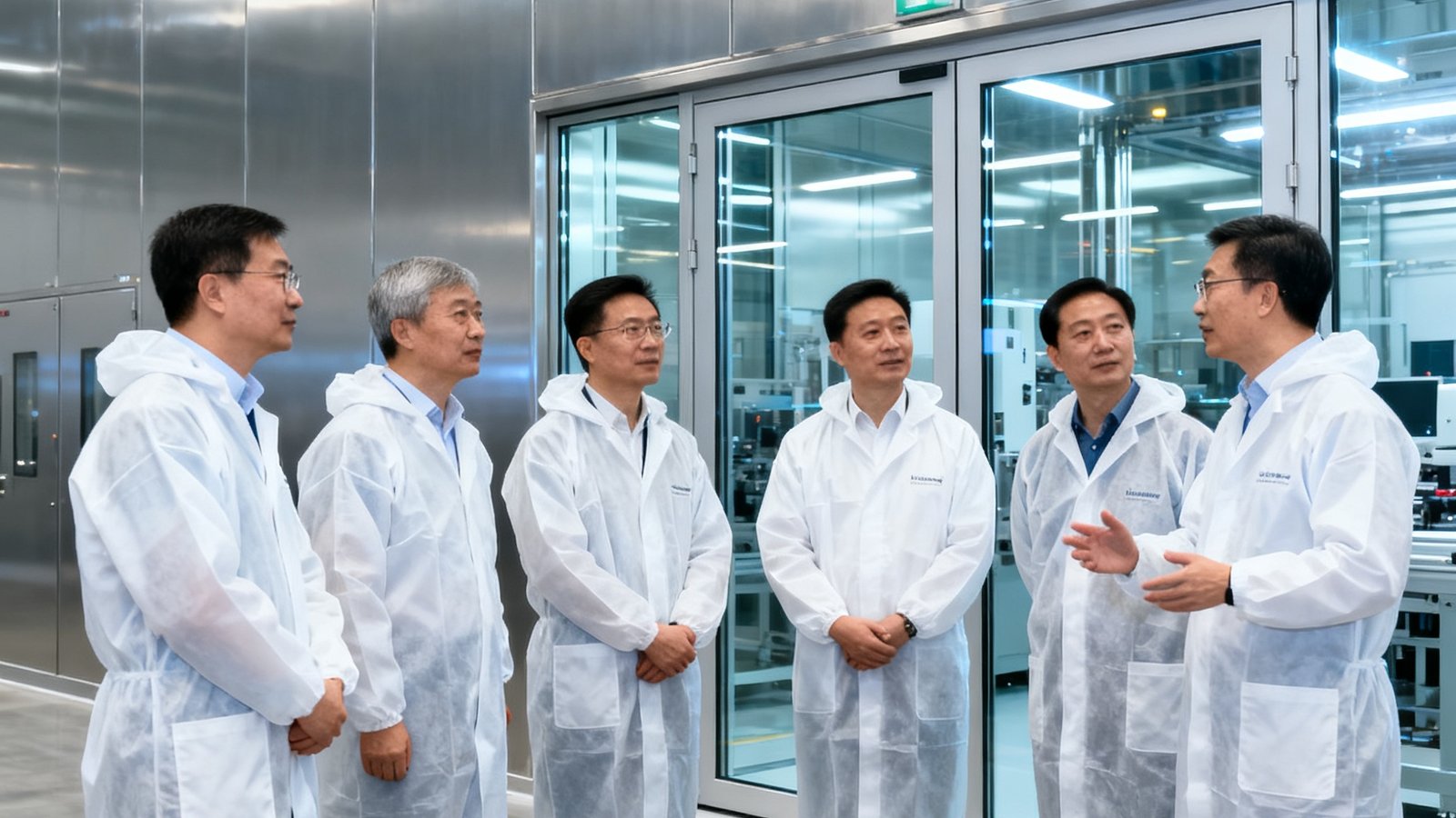 美狮贵宾会为某中国新能源企业高管团队安排的欧洲商务考察途中，一行六人正在德国斯图加特一家精密制造工厂的无尘车间外听取技术讲解，所有人穿着白色防护服，神情专注。