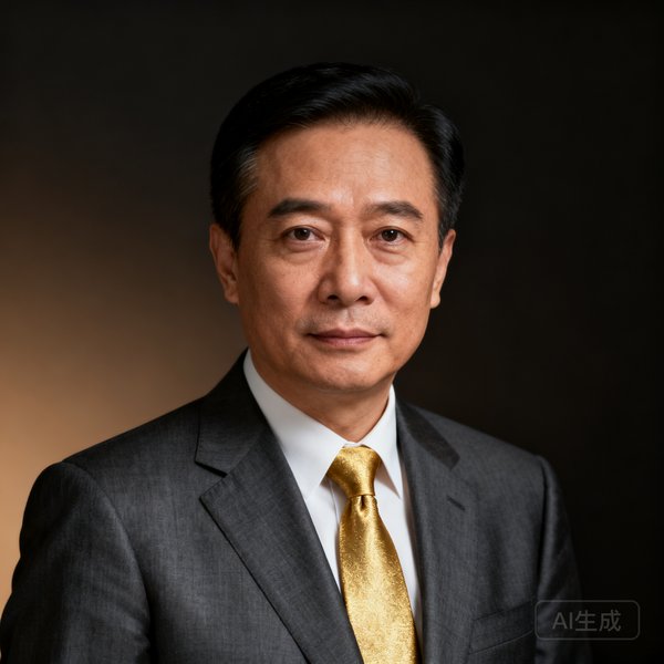 创始人张启华的头像照片，一位五十岁左右的中国男性，身穿深灰色定制西装，搭配金色领带，背景为柔和的深色调，神态沉稳自信，眼神专注有力。